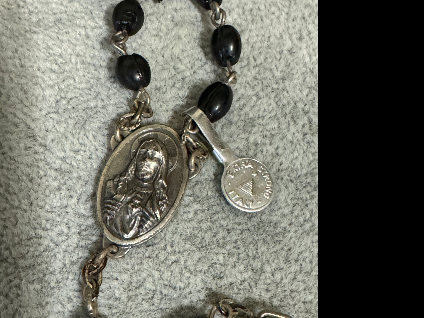 Black Wooden Bead - Silver Crucifix Rosary Italy - Vintage