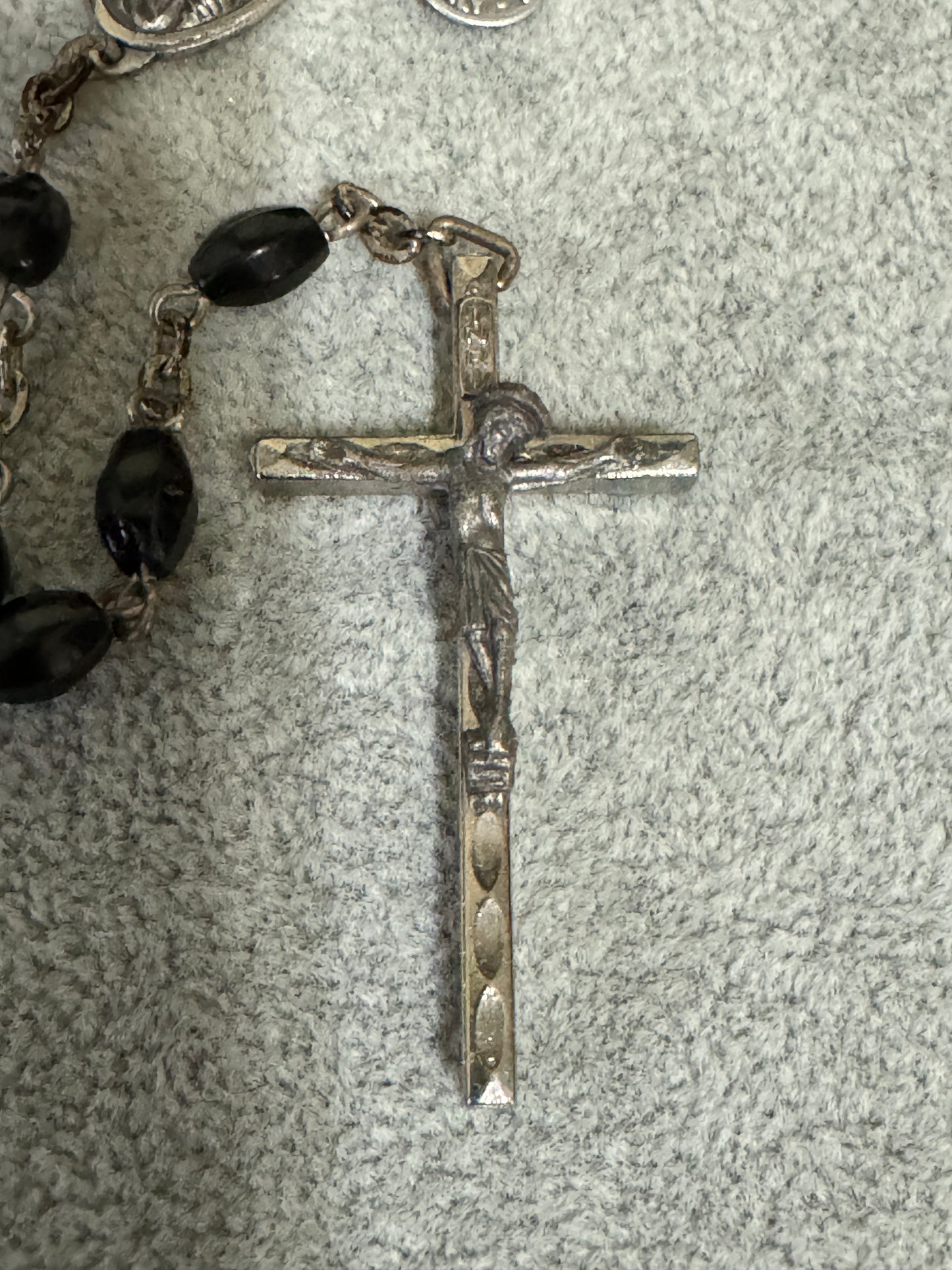 Black Wooden Bead - Silver Crucifix Rosary Italy - Vintage