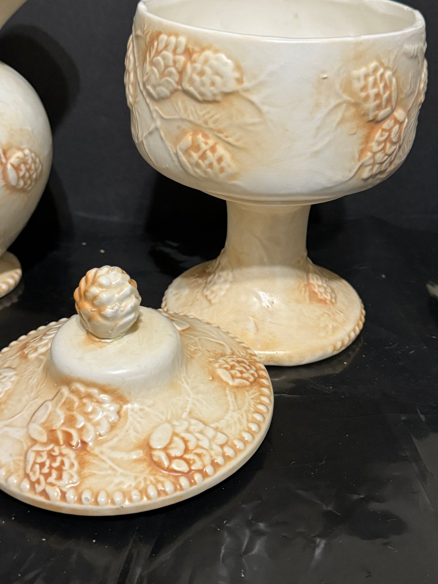 Pitcher & Compote Bowl w/Lid Embossed Grape Vine Beige Vintage