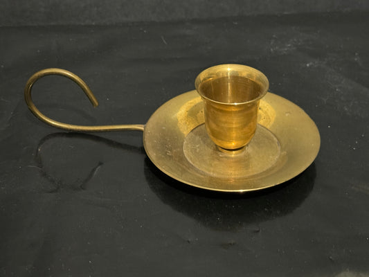 Solid Brass Taper Candlestick Holder Drip Pan w/Finger Loop Handle Vintage