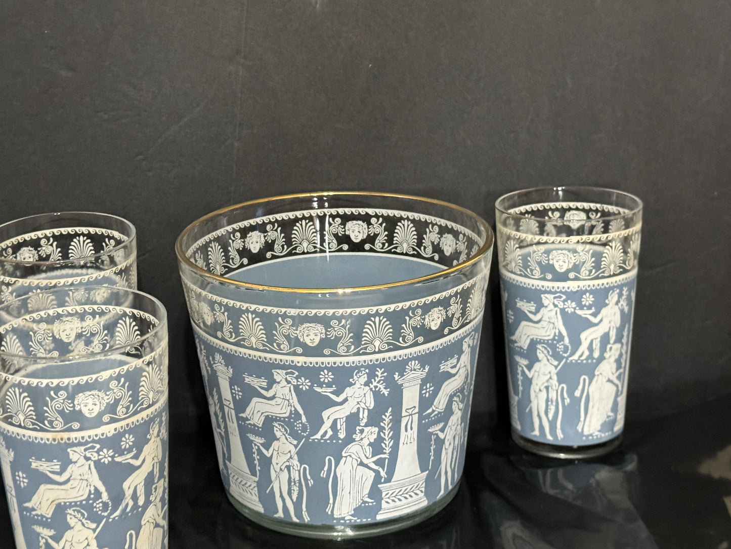 Blue Corinthian Jeanette (3) 5" Glasses & Ice Bucket