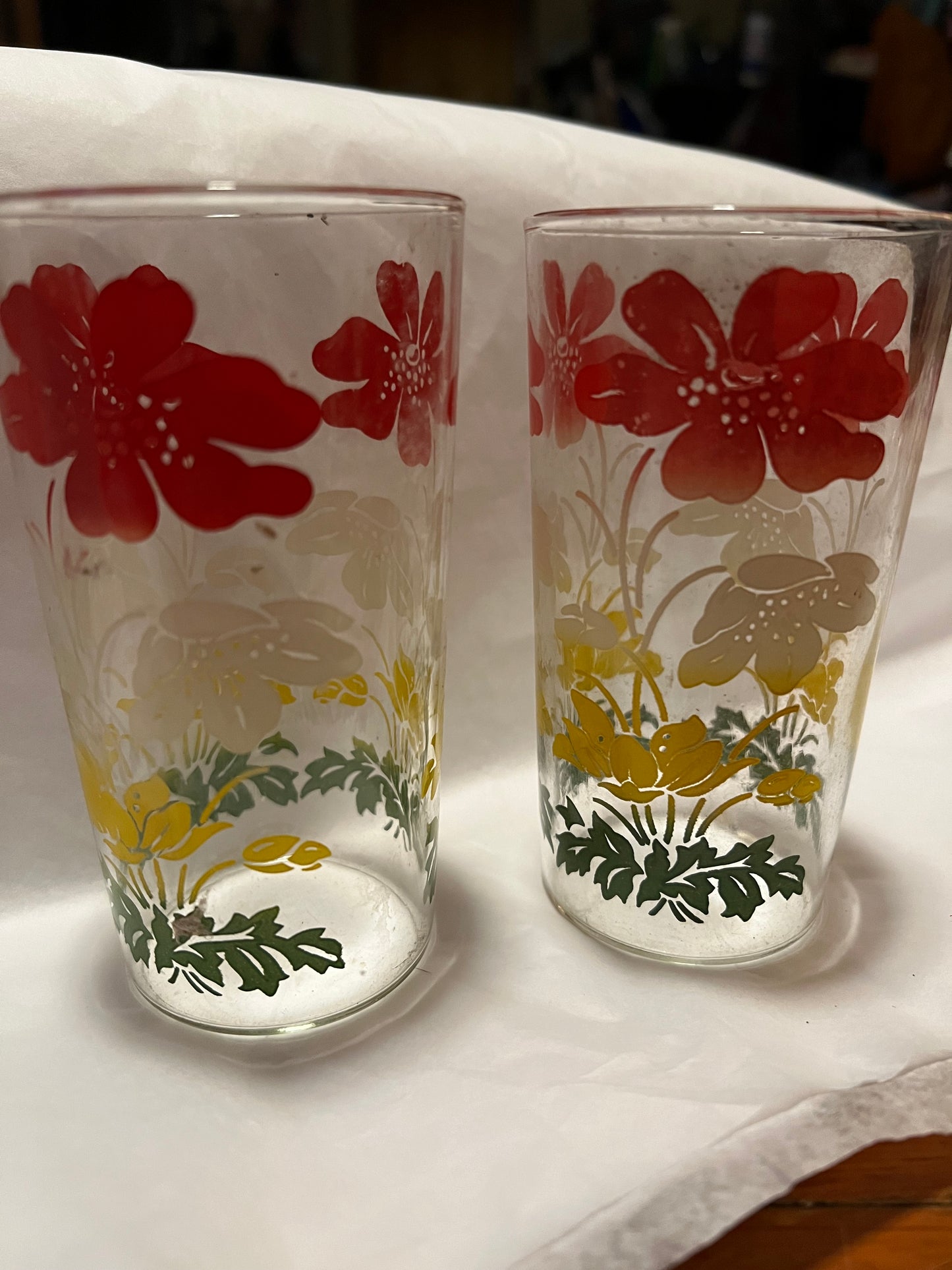 Peanut Butter Glass Red, White, Yellow and Green Floral Design /2 Vintage