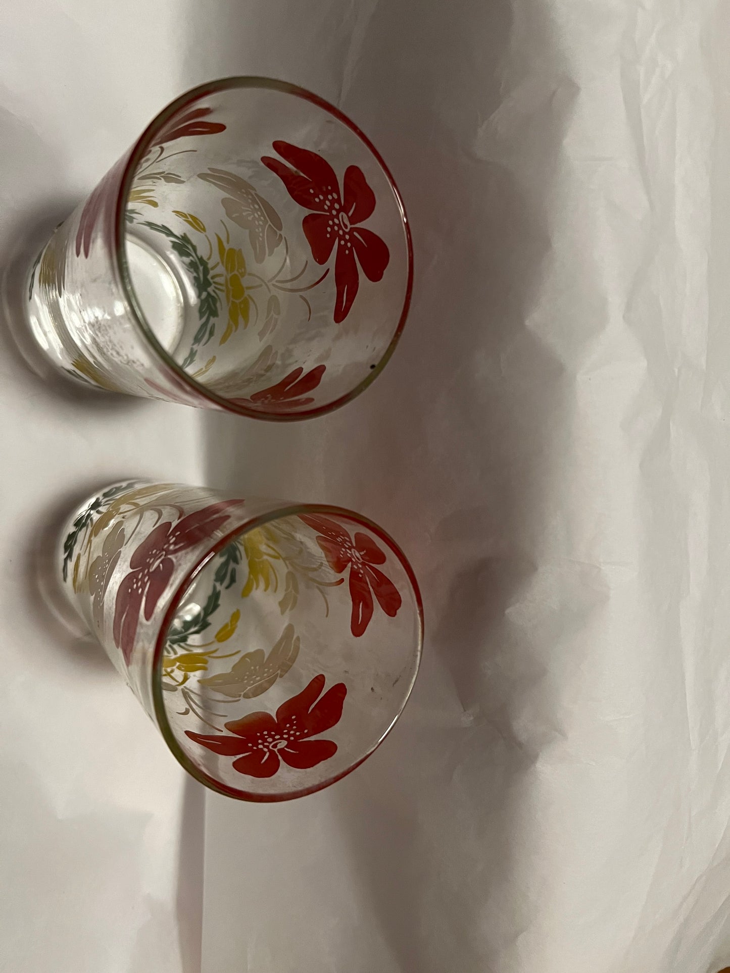 Peanut Butter Glass Red, White, Yellow and Green Floral Design /2 Vintage
