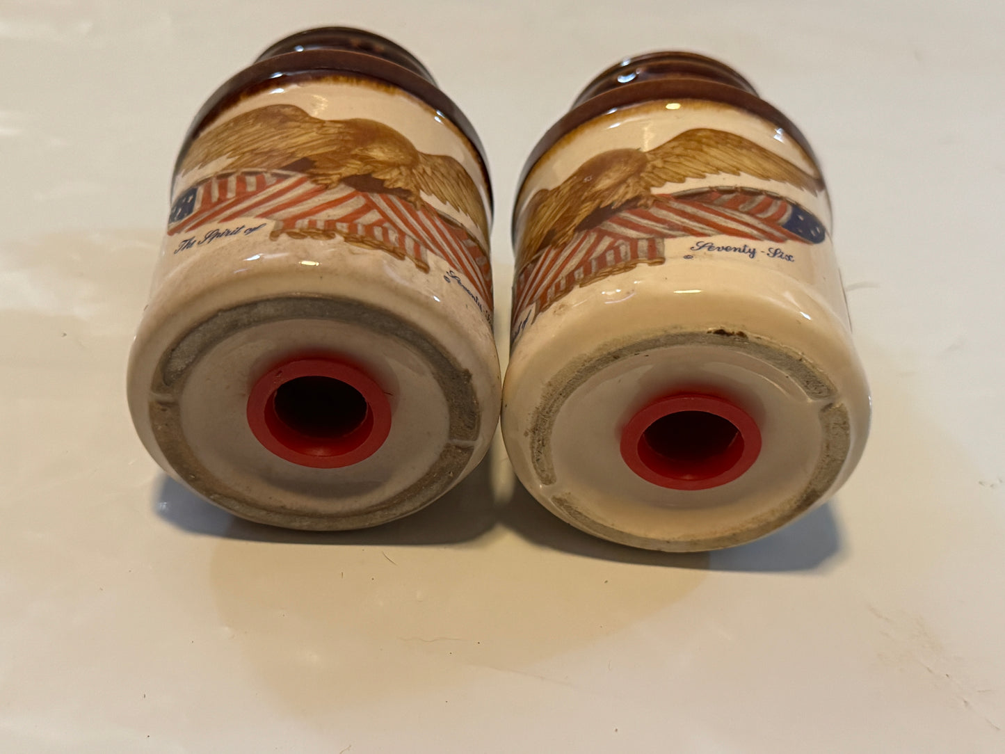 Spirit of Seventy Six Ceramic Salt N Pepper Shakers Flag & Eagle Vintage