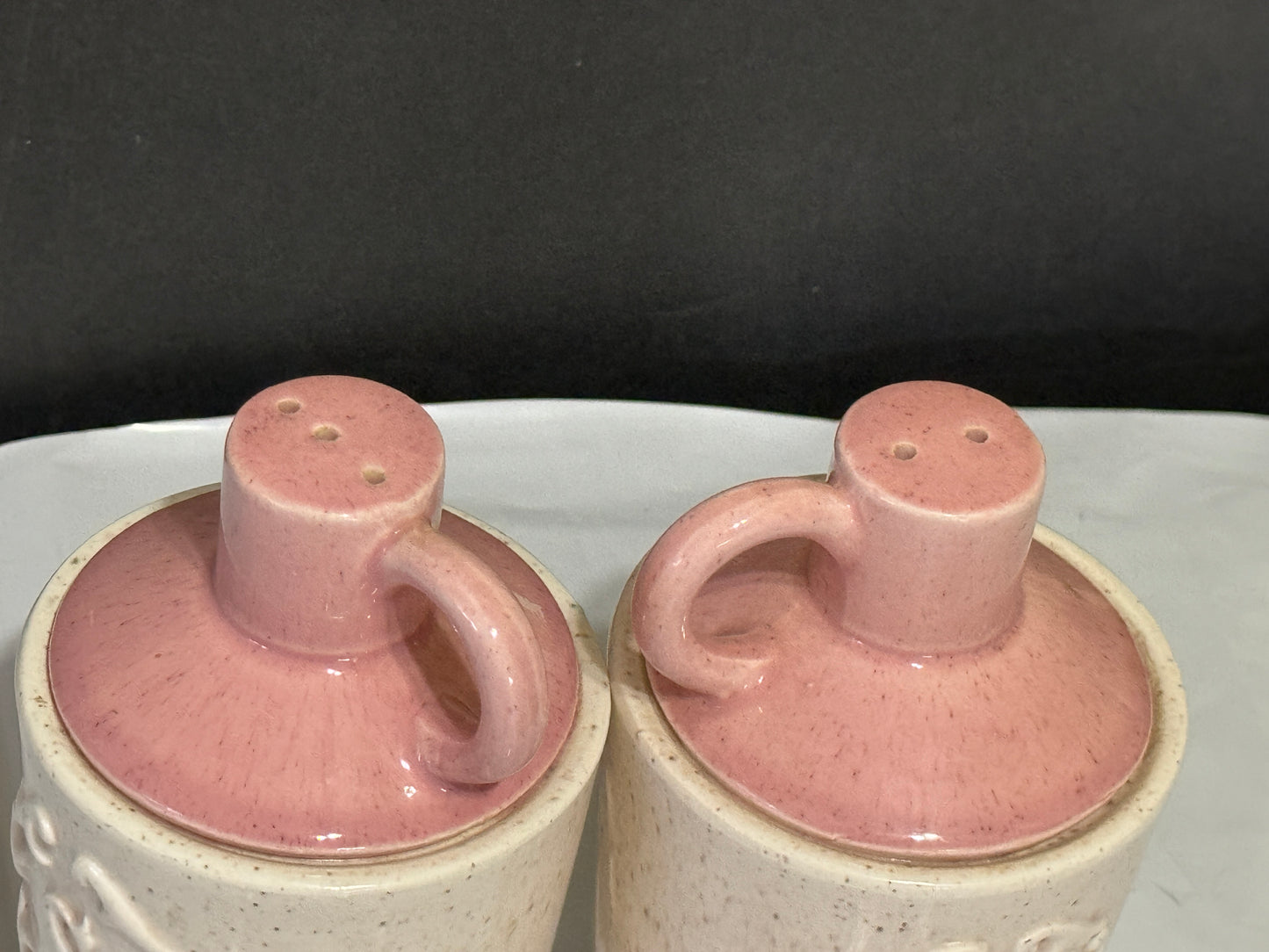 White & Pink Salt and Pepper Shakers Jugs USA Pottery Vintage