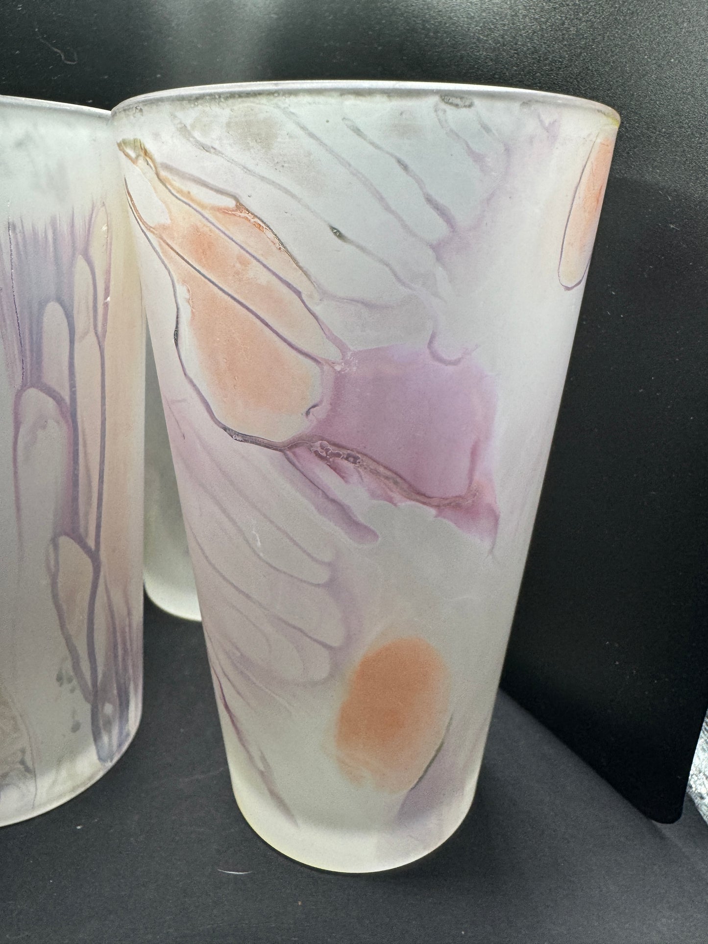 Frosted Glass Tumblers with Black, Pink and Orange swirly designs (set of 3)