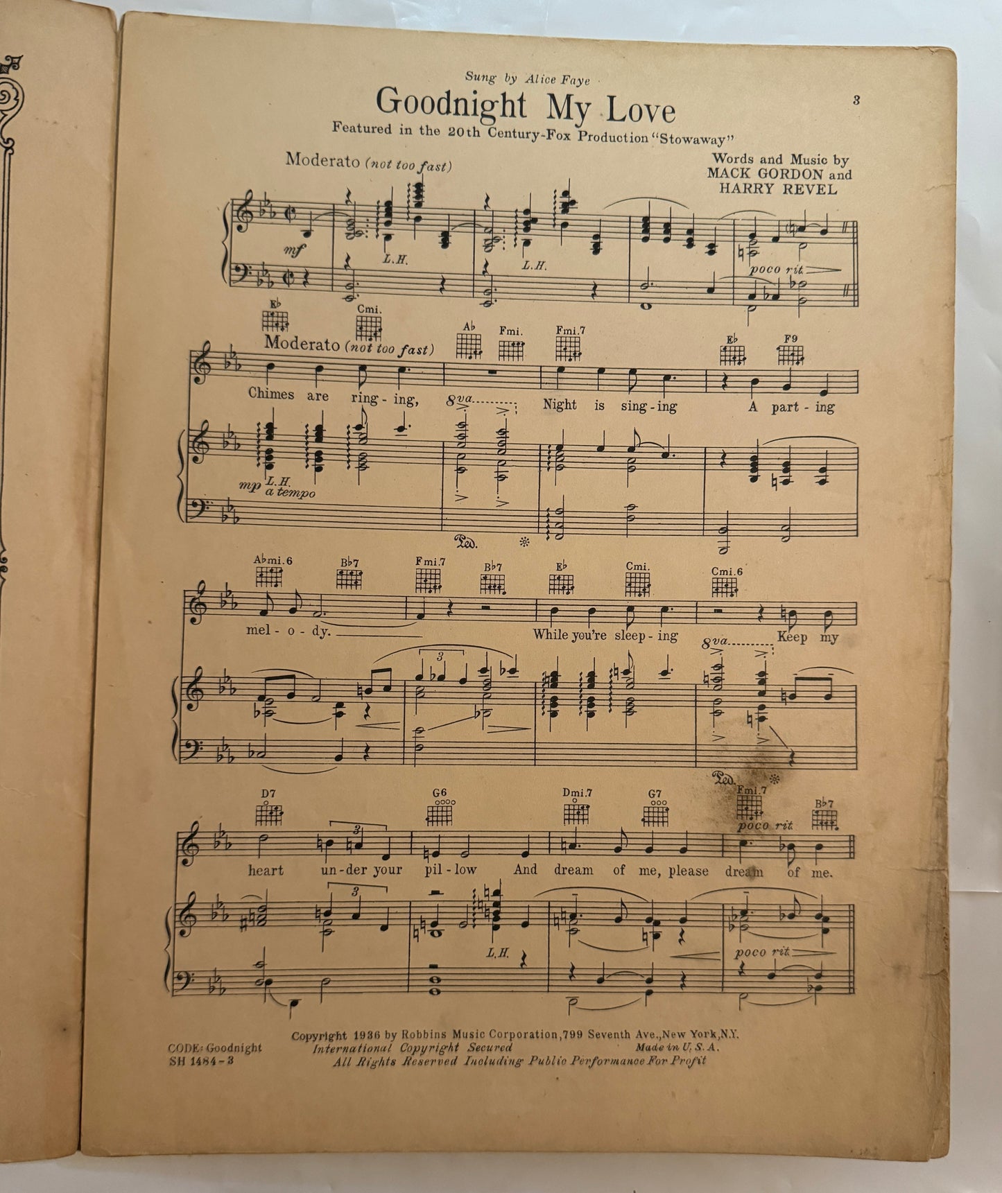 Goodnight My Love Sheet Music 1936 Soundtrack Stowaway Shirley Temple F1W