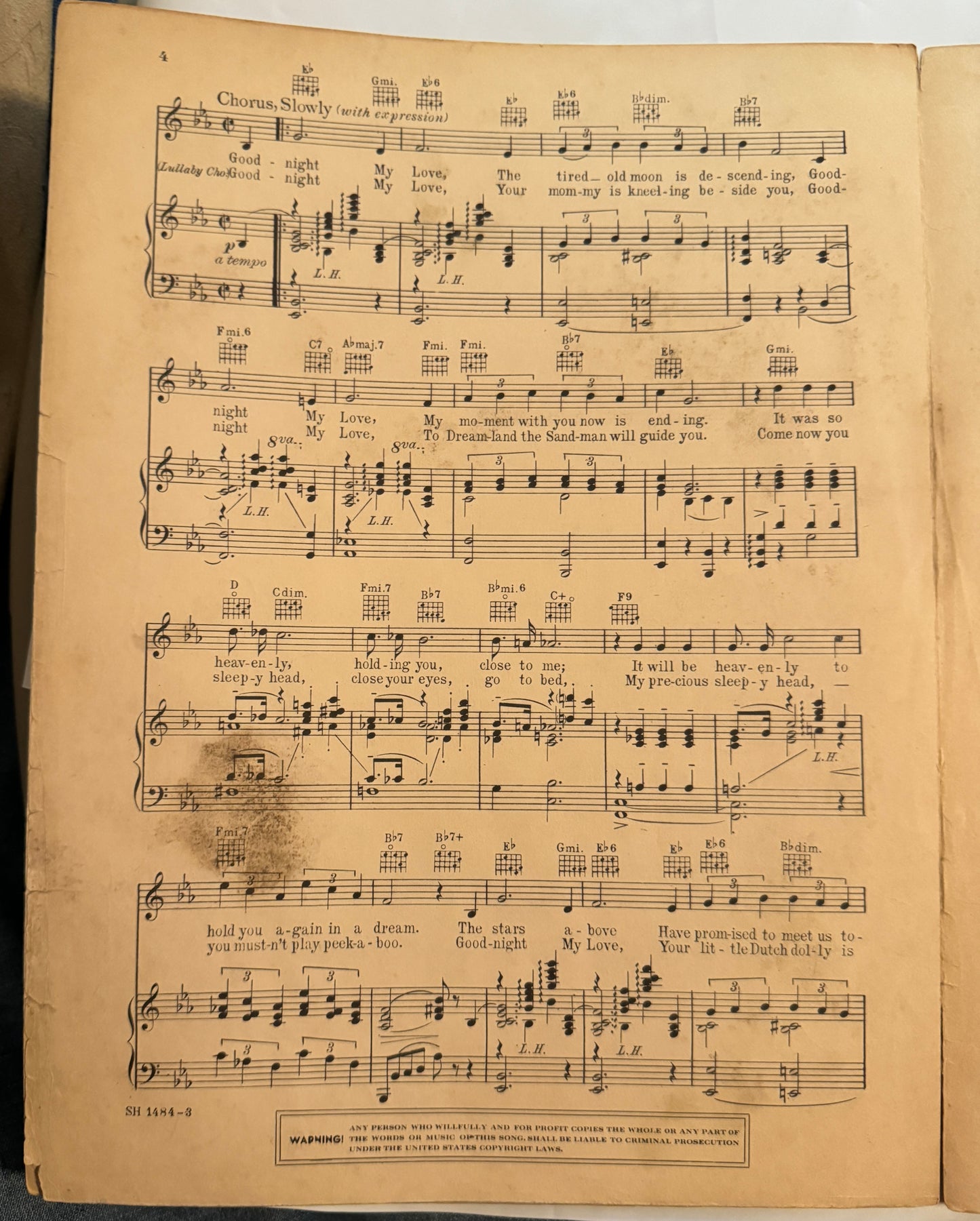 Goodnight My Love Sheet Music 1936 Soundtrack Stowaway Shirley Temple F1W