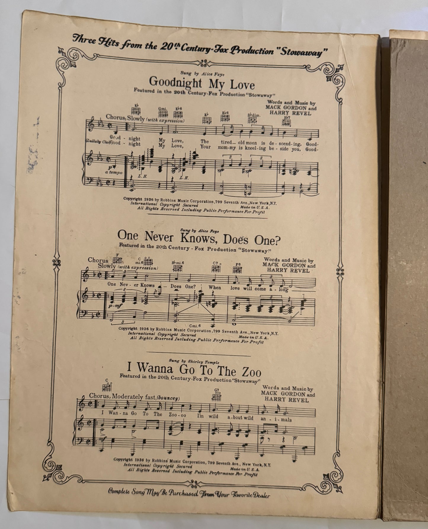 Shirley Temple - Stowaway "Goodnight my Love" Sheet Music 1936