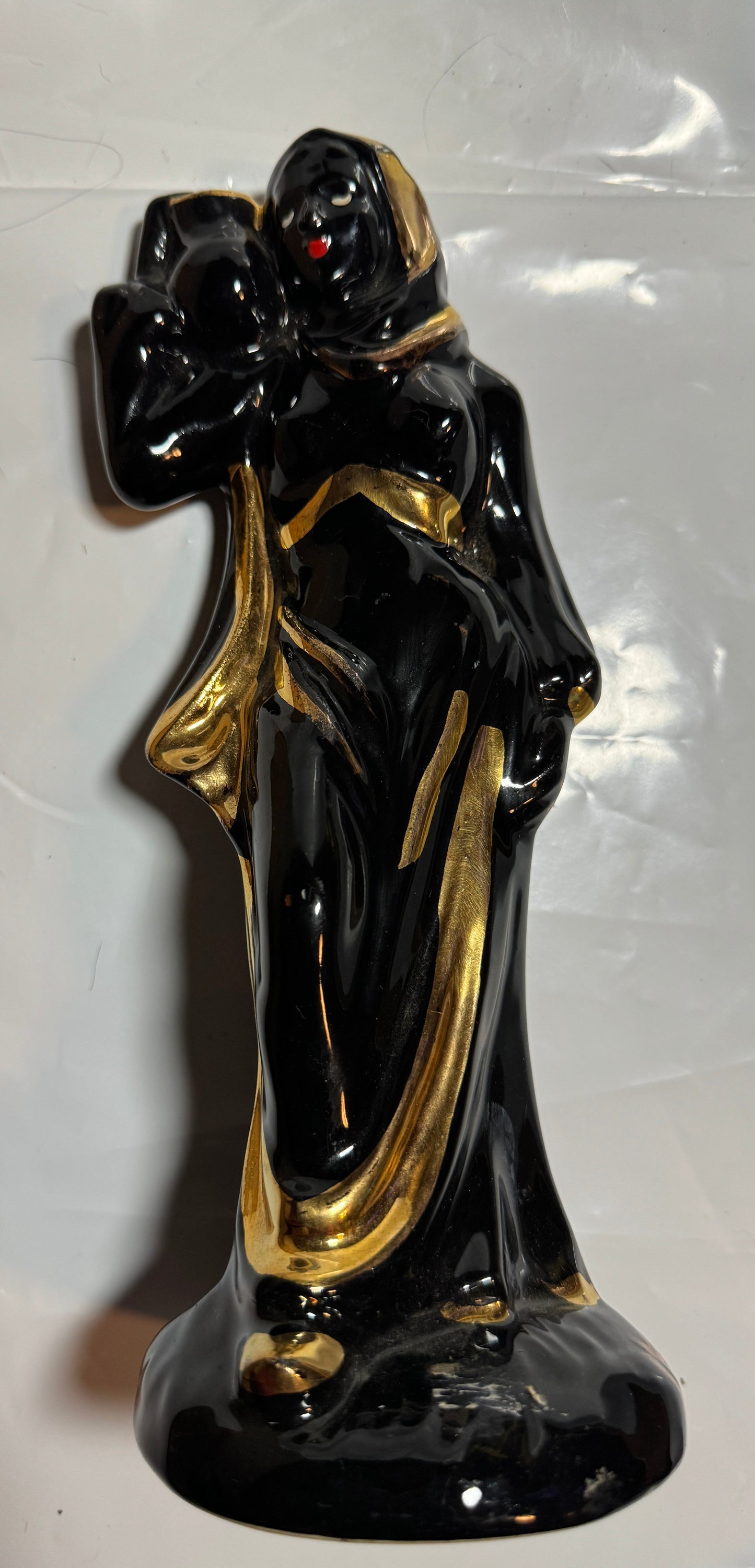 Beautiful Woman w/Urn Black Glaze & Gold Accents Ceramic - Vintage