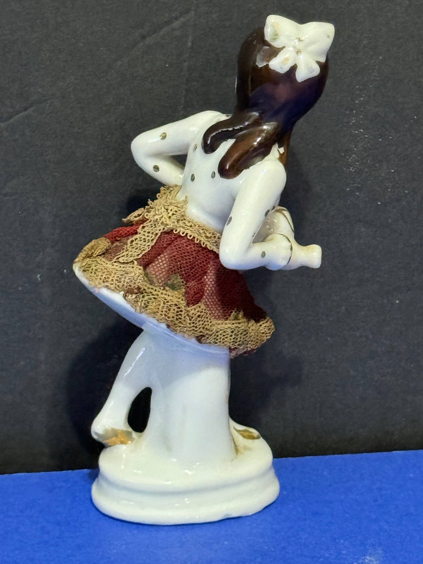 Porcelain Hand Painted Girl with Watering can Skirt is Fabric - VINTAGE