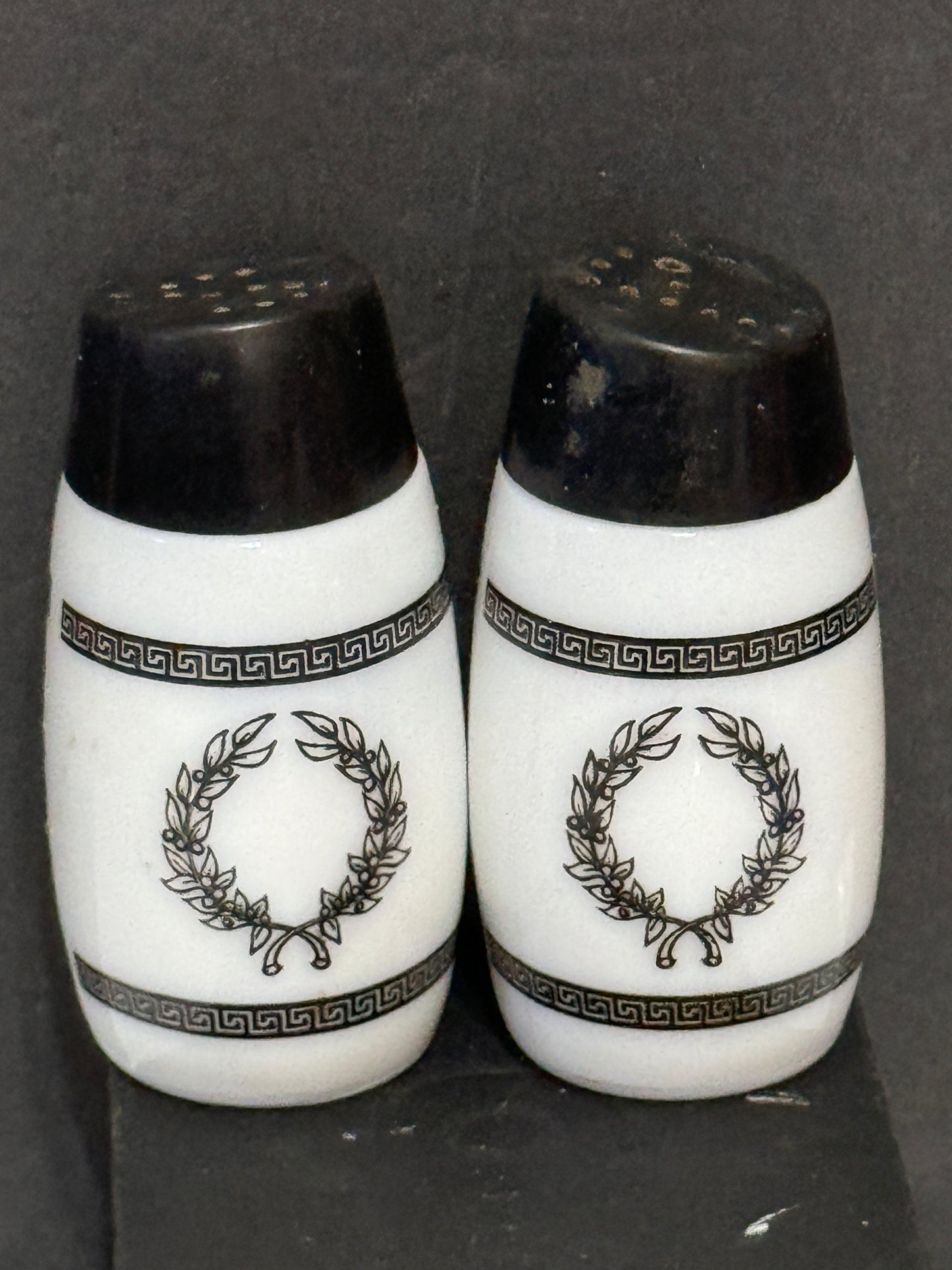 Grecian Milk Glass Salt N Pepper Shakers White & Black Vintage