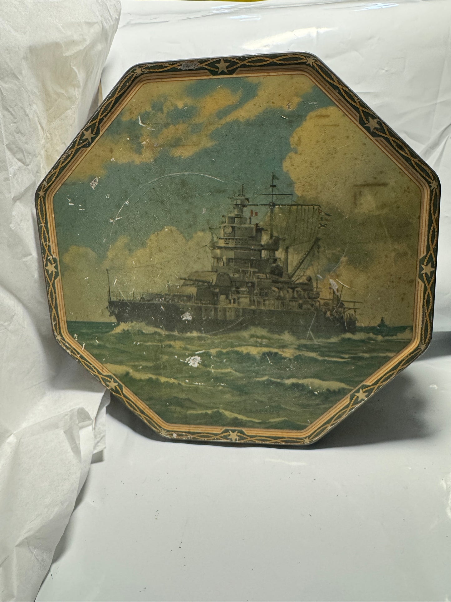 WWII US Navy Ship USS Idaho Loose Wiles Octagonal Biscuit Tin Battleship Vintage