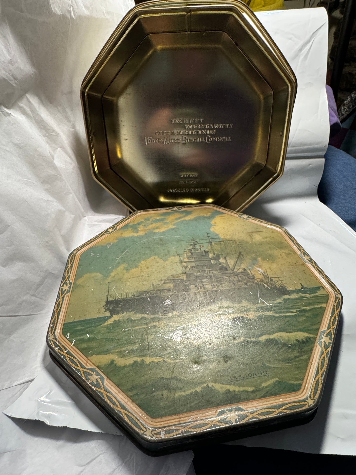 WWII US Navy Ship USS Idaho Loose Wiles Octagonal Biscuit Tin Battleship Vintage