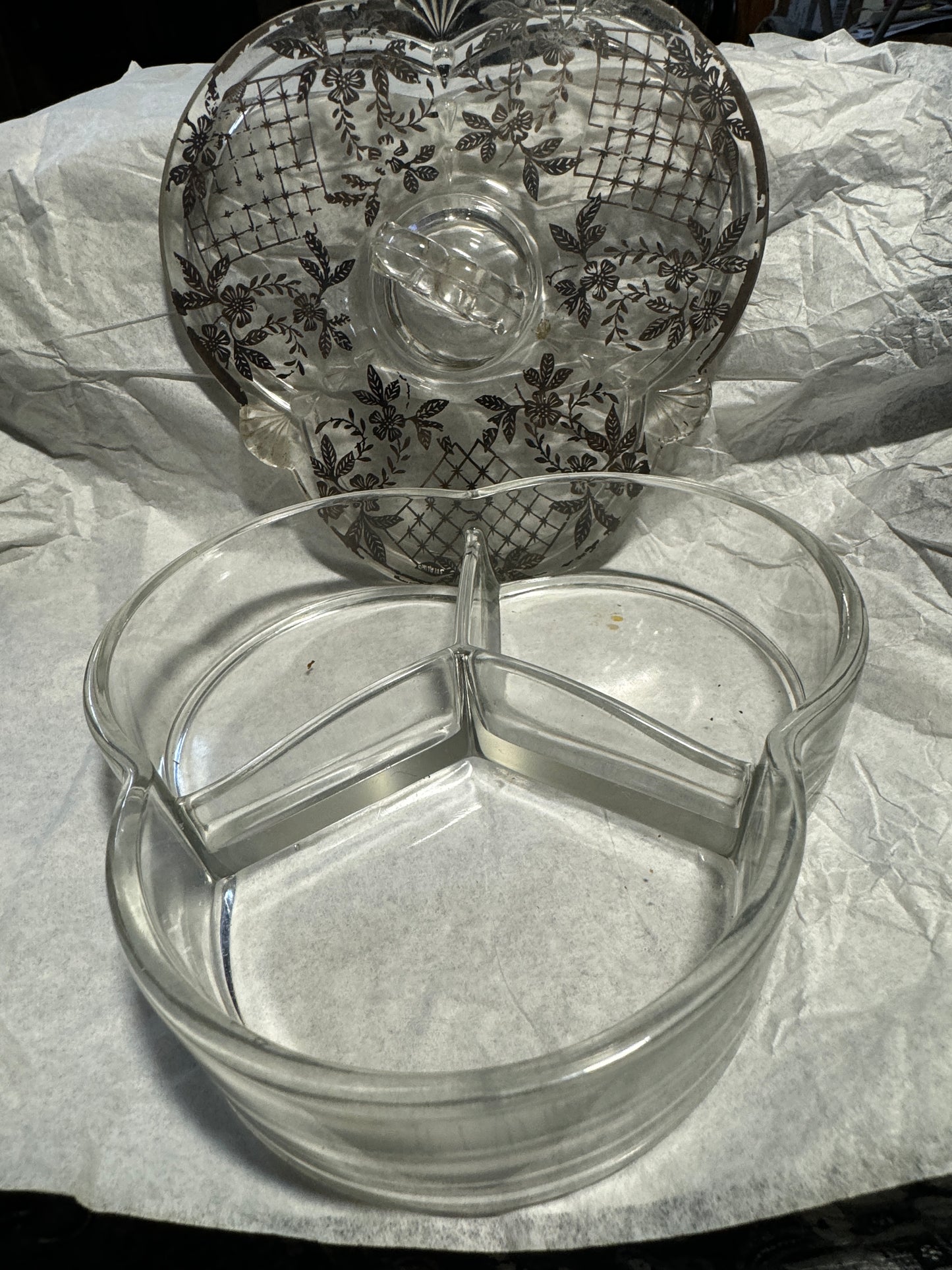 Covered Divided Dish with Delecate Etching on Lid Vintage