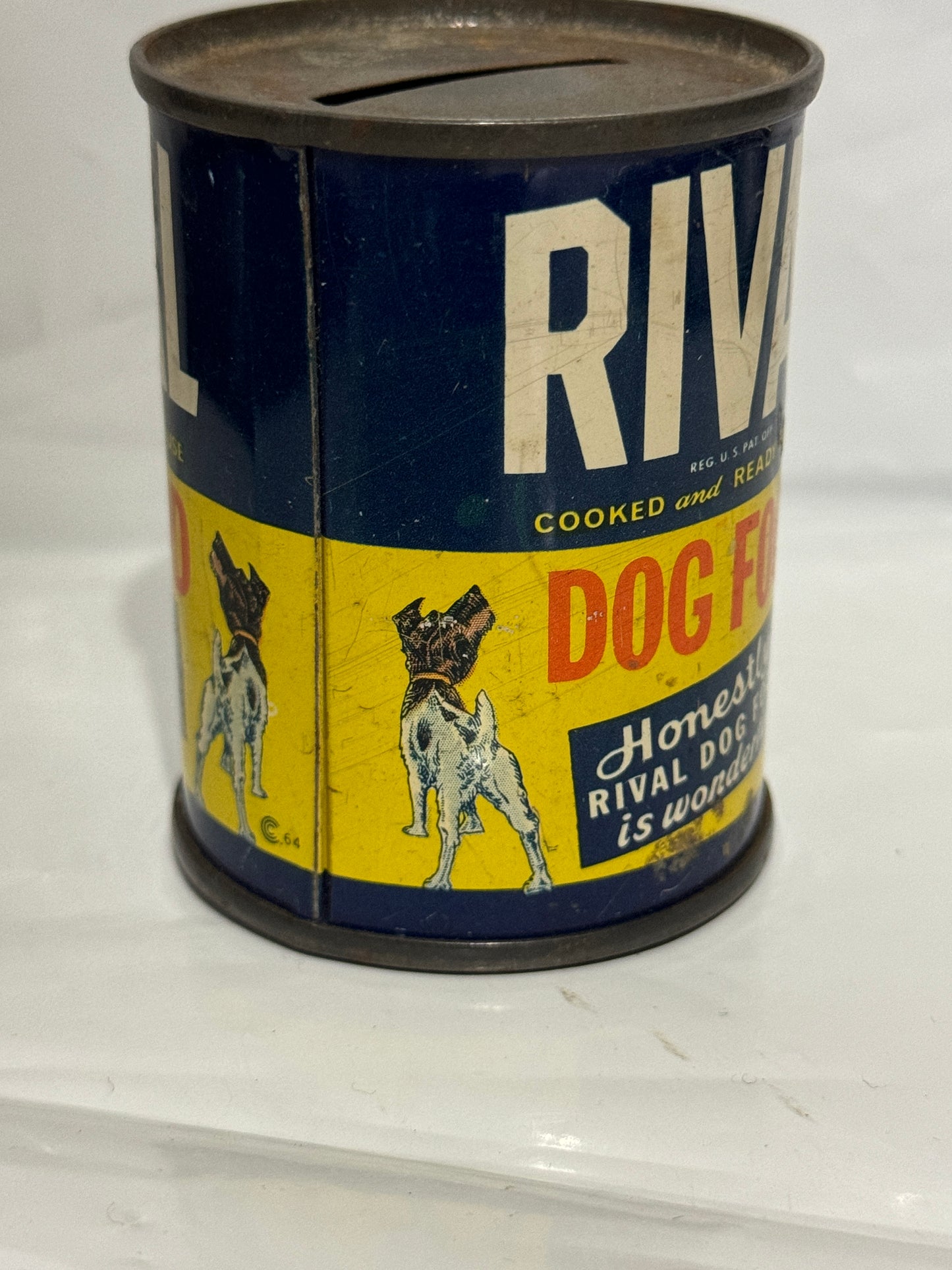 Rival Dog Food Mini Tin Can Bank Rival Packing Co. Chicago Vintage 1950’s