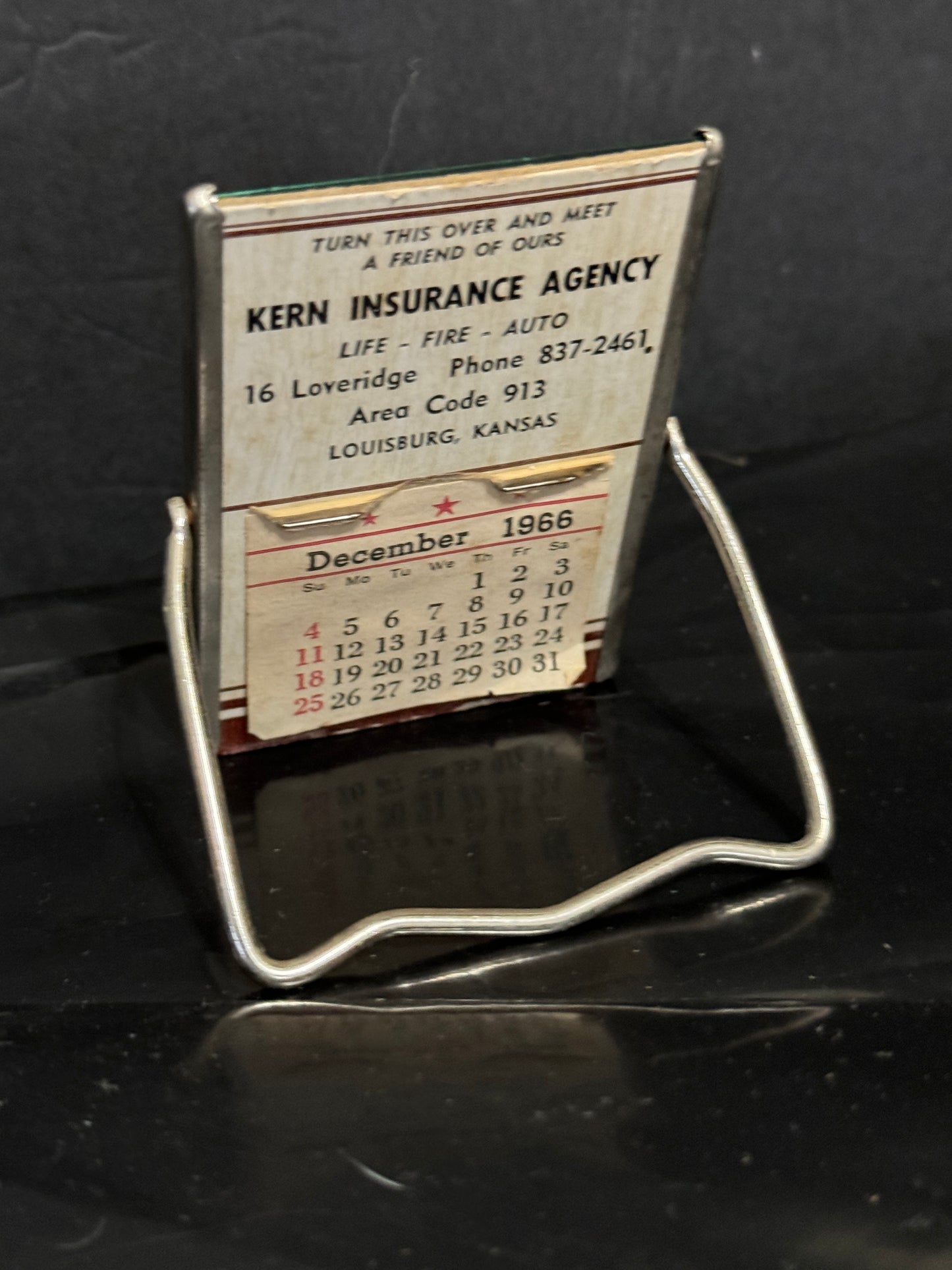 Stand up Mirror Calendar Kern Insurance 1966 Vintage