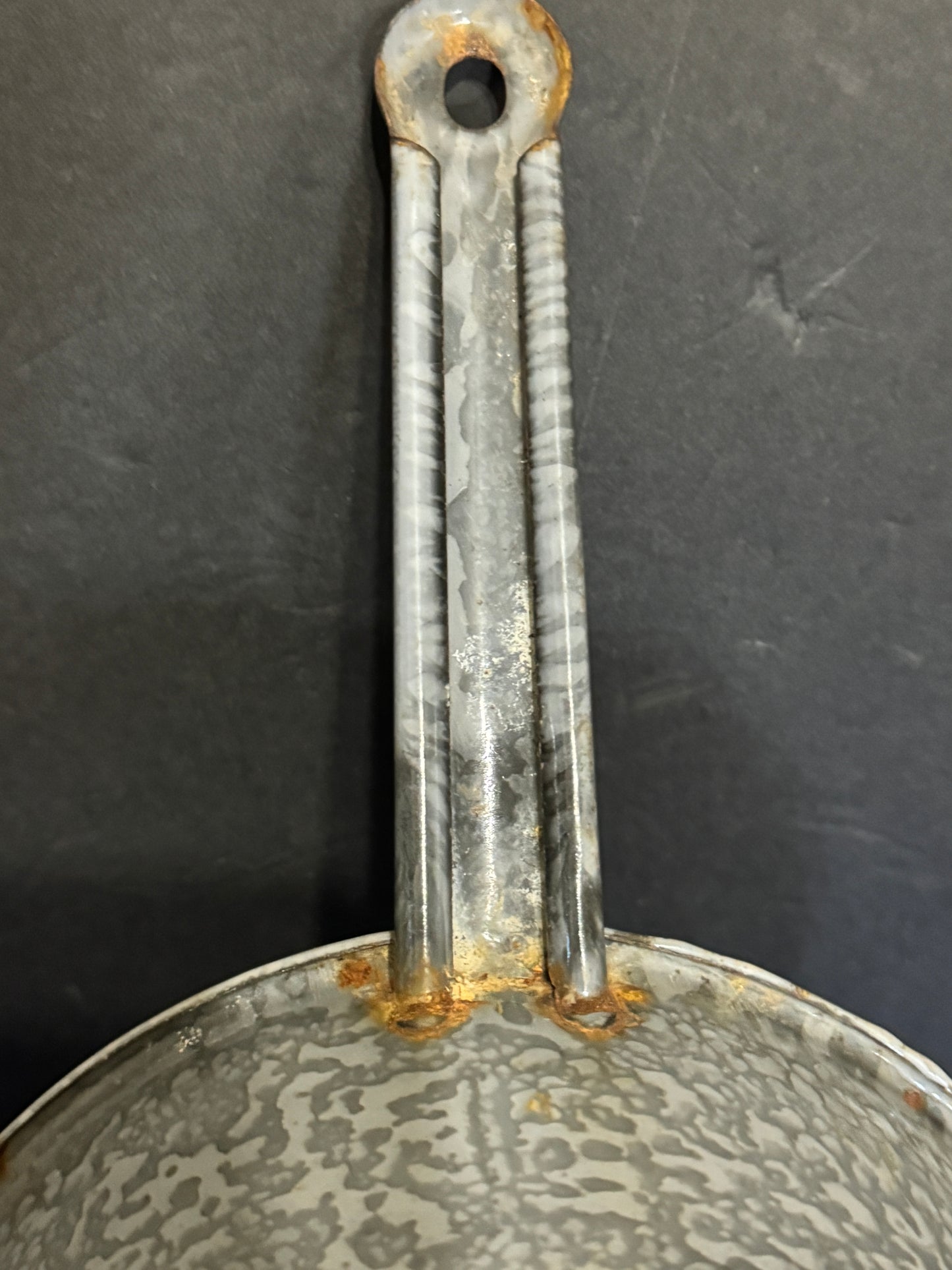 Gray Mottled Enamelware Graniteware 12 in Pot Pan with Handle - VINTAGE