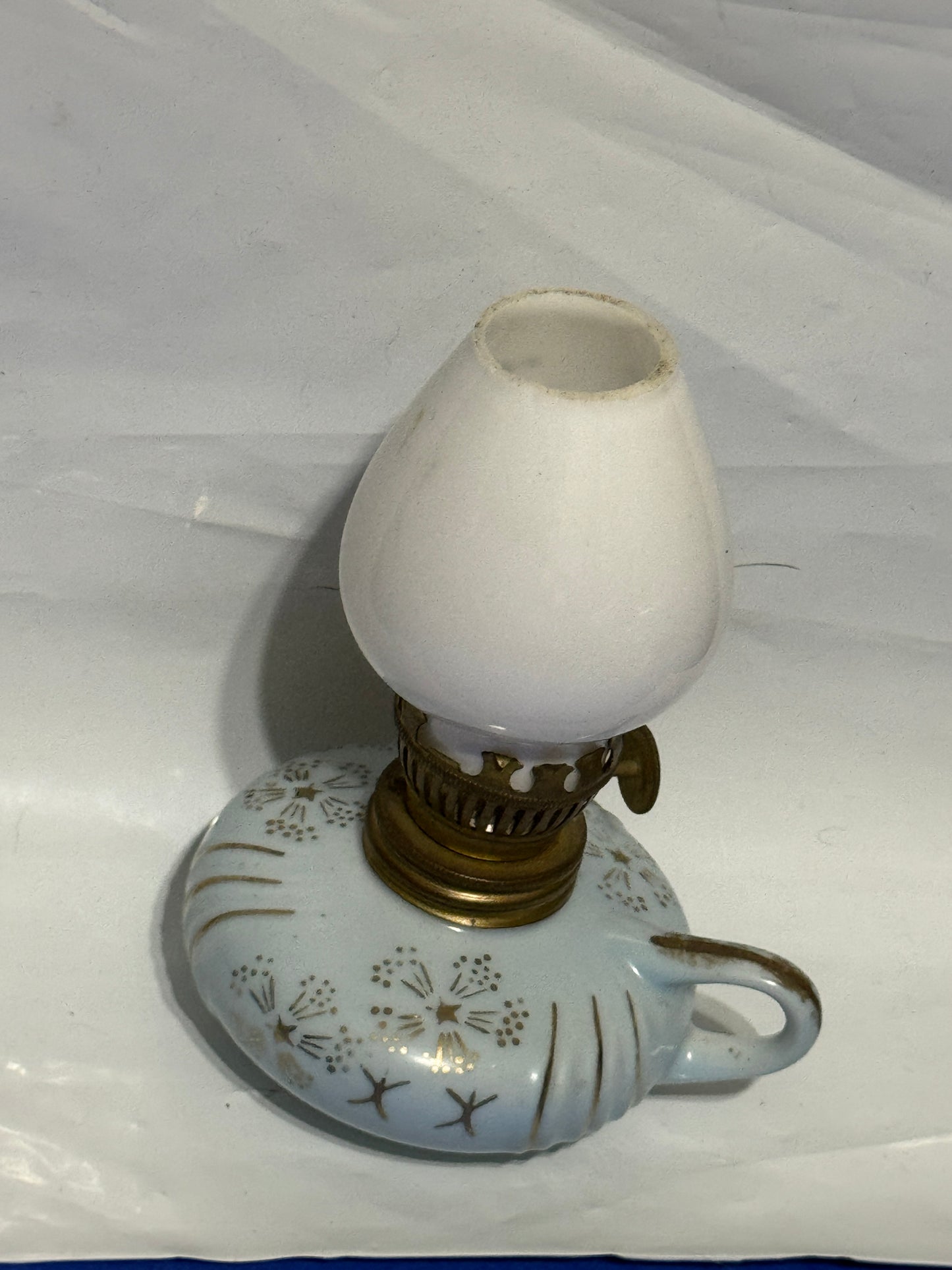 Mini Oil Lamp Porcelain, Glass Powder Blue with Gold Accents - VINTAGE