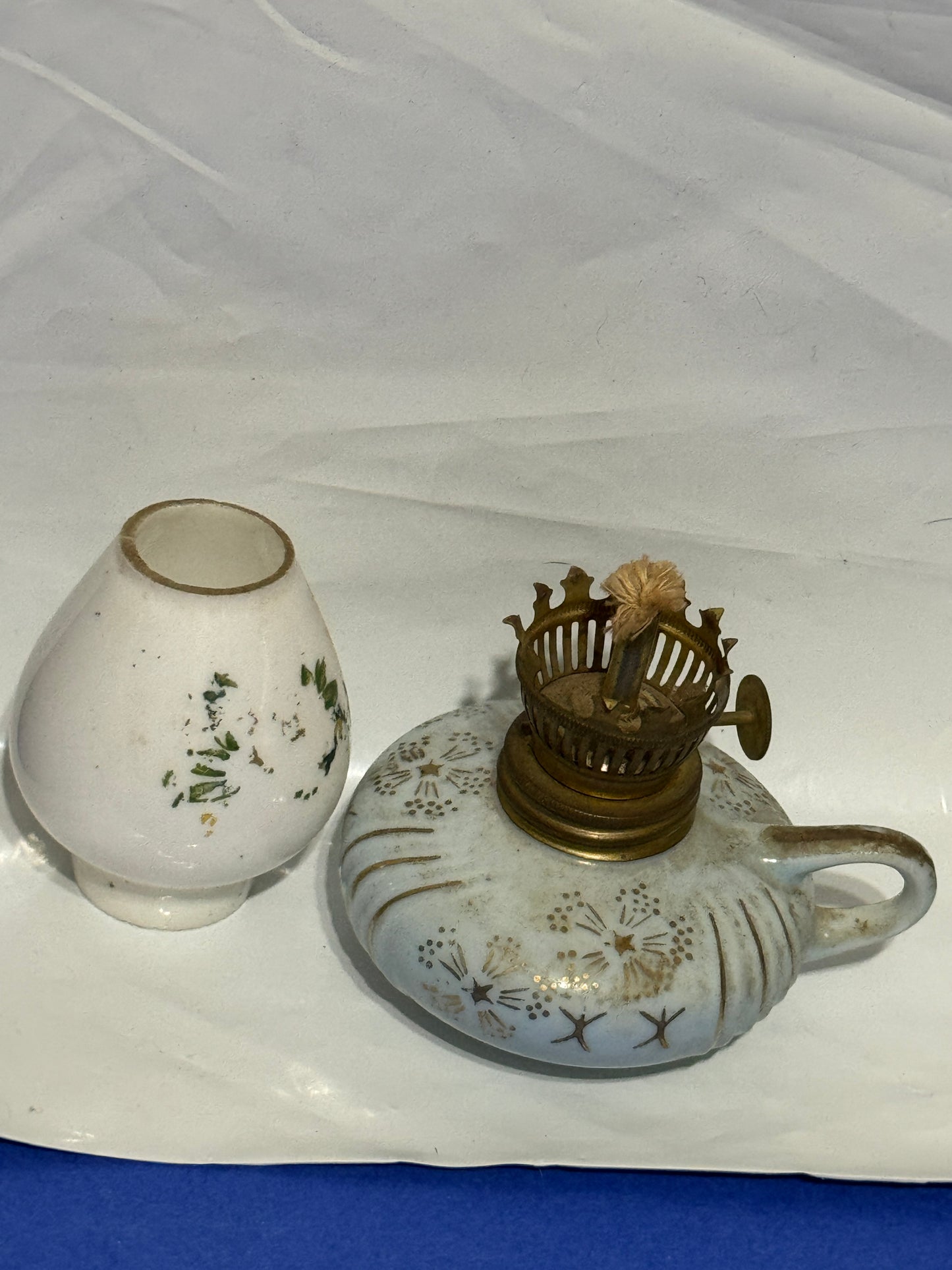 Mini Oil Lamp Porcelain, Glass Powder Blue with Gold Accents - VINTAGE