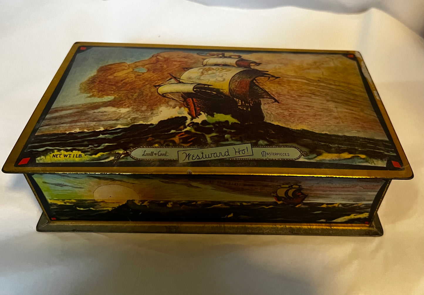 Westward Ho Sailing Ship Vintage Tin Lovell & Covel Masterpieces 1930s Used