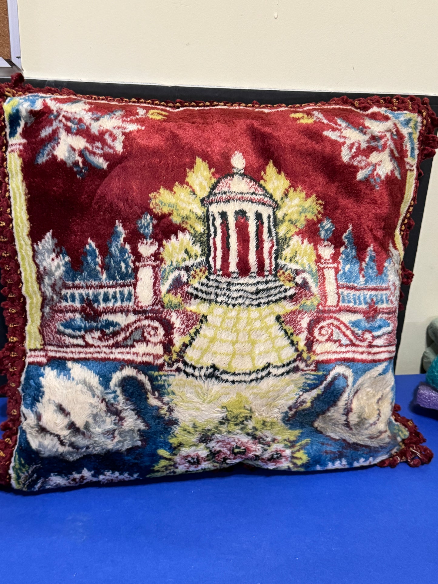 Victorian Chenille Tapestry Case with Fringe with Swans - - VINTAGE