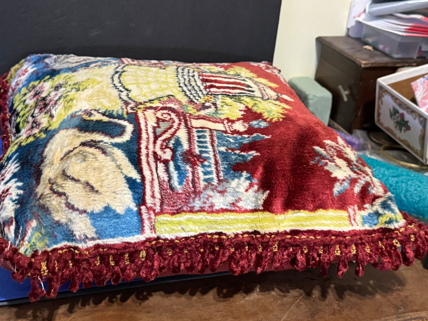 Victorian Chenille Tapestry Case with Fringe with Swans - - VINTAGE