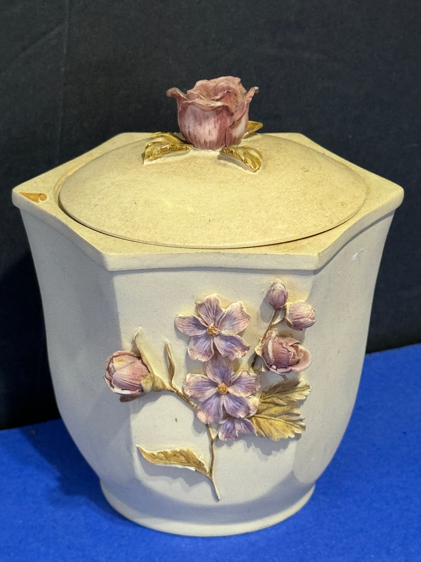 Six Sided Trinket Bowl with Lid Raised Porcelain Flowers - VINTAGE