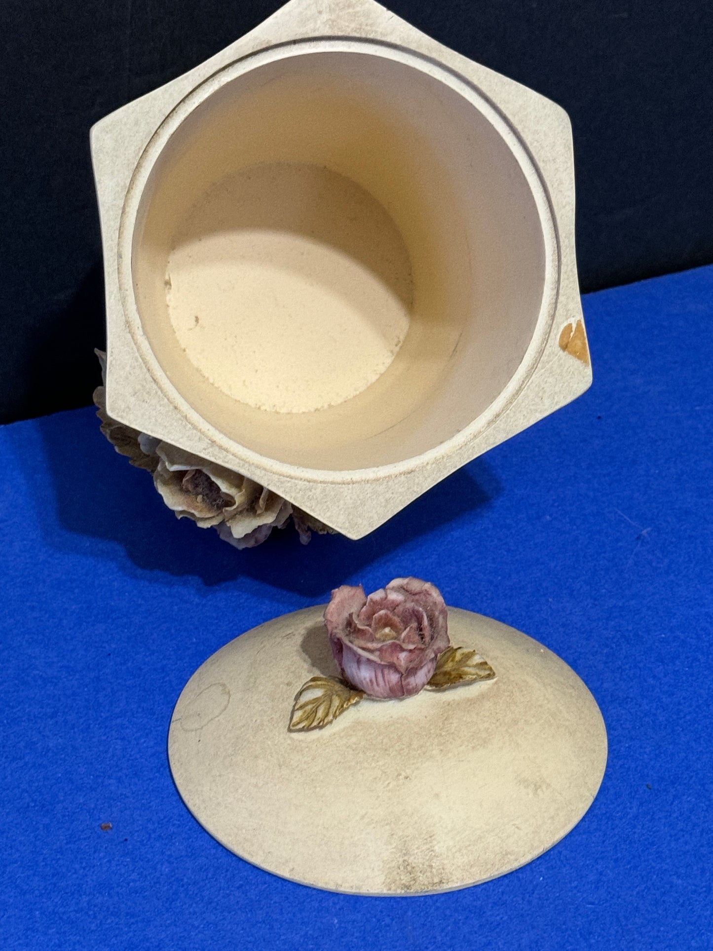 Six Sided Trinket Bowl with Lid Raised Porcelain Flowers - VINTAGE