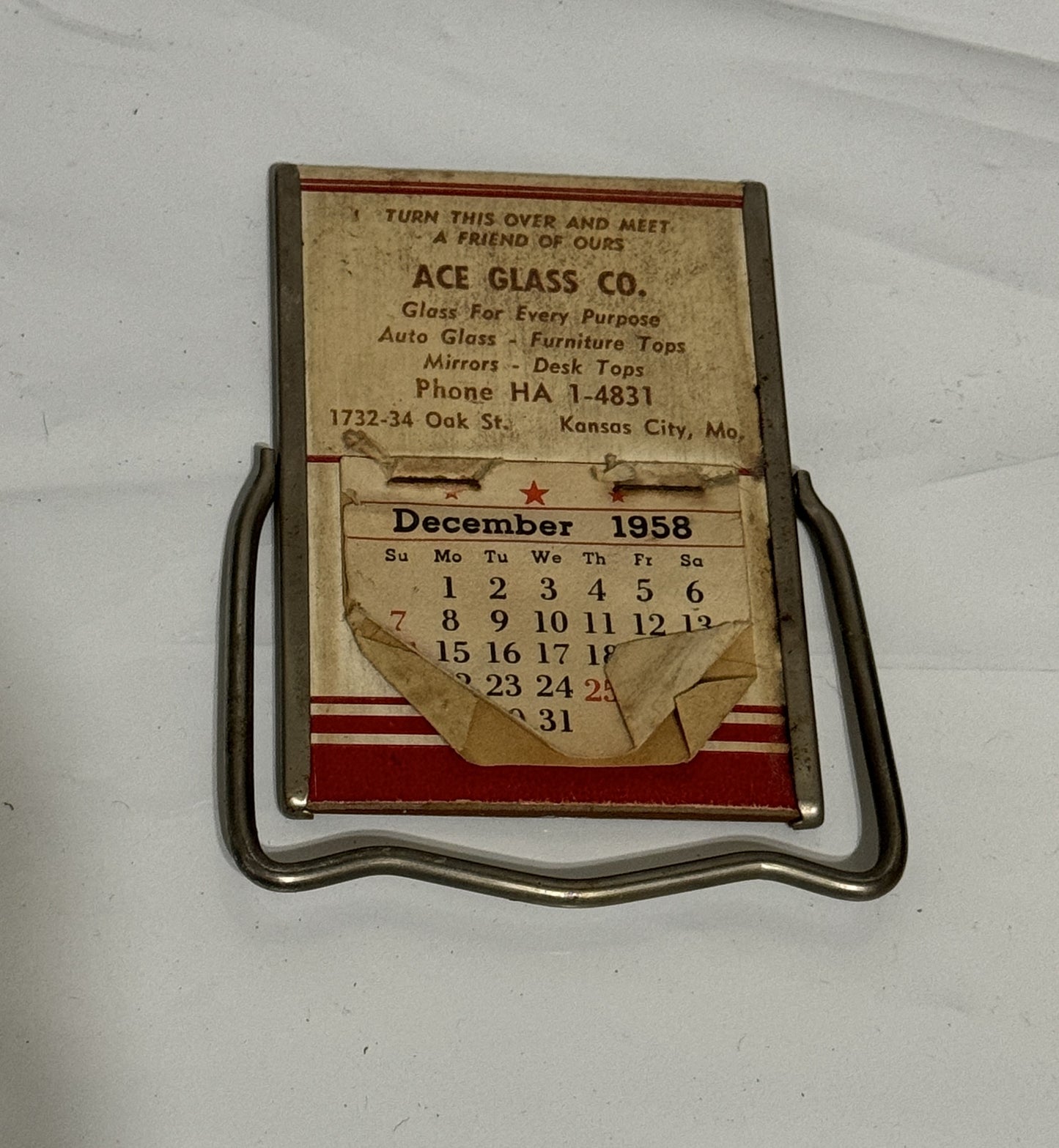 Stand up Mirror Calendar Ace Glass Co. 1958 Vintage