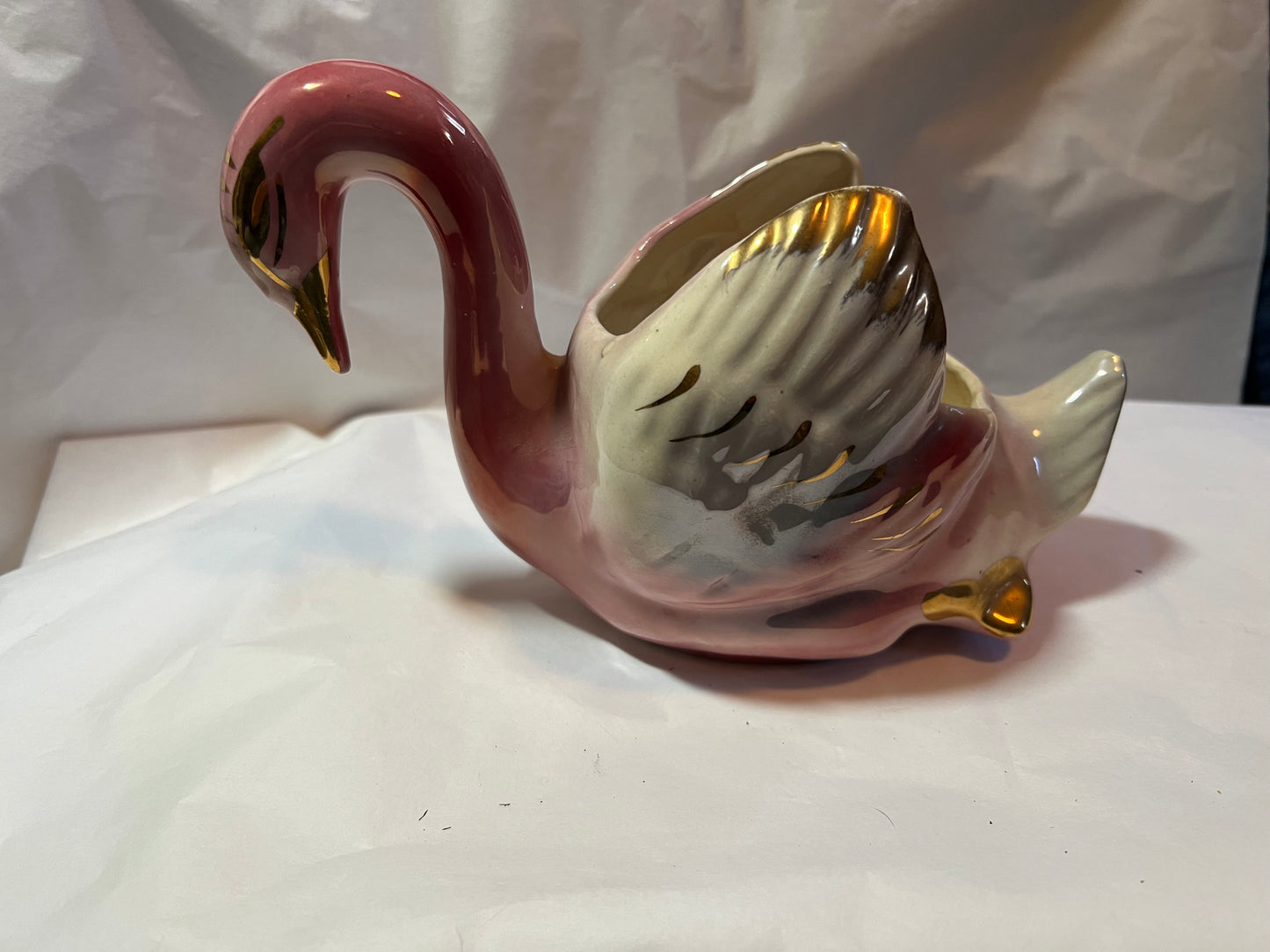 Pink And Gray Swan Bird Planter With Gold Accents And Pearl Glaze Vintage 1963