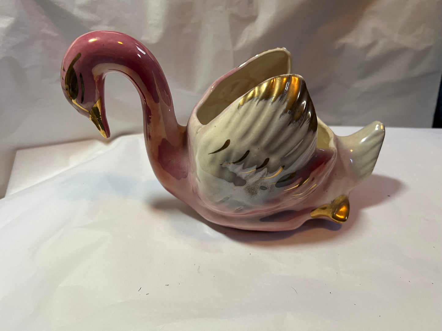 Pink And Gray Swan Bird Planter With Gold Accents And Pearl Glaze Vintage 1963