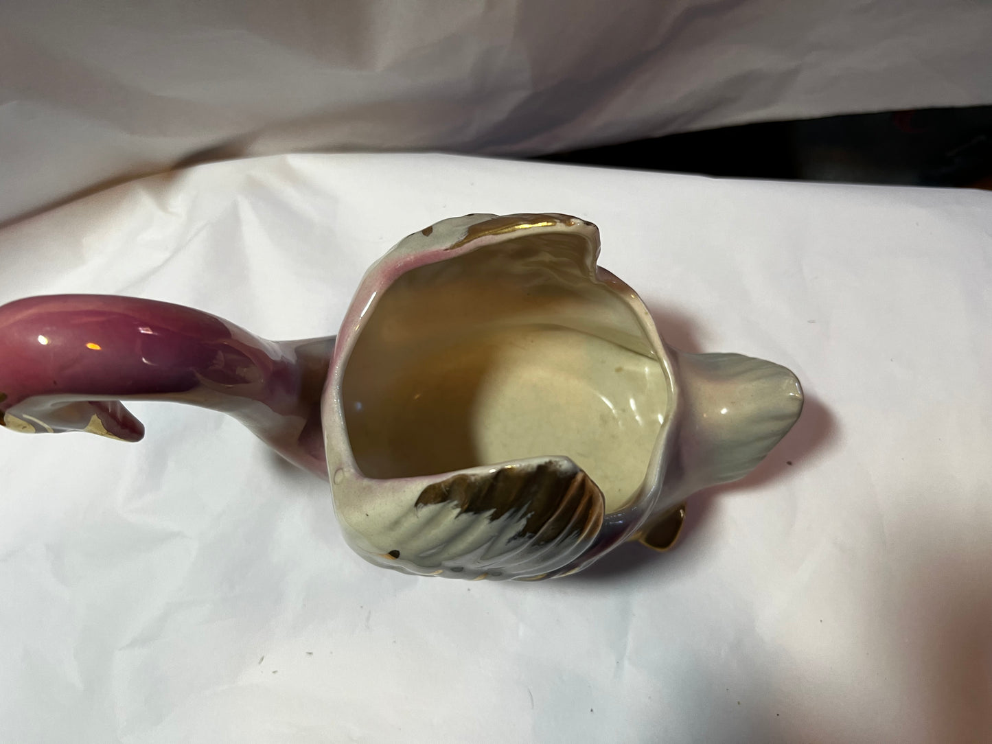 Pink And Gray Swan Bird Planter With Gold Accents And Pearl Glaze Vintage 1963