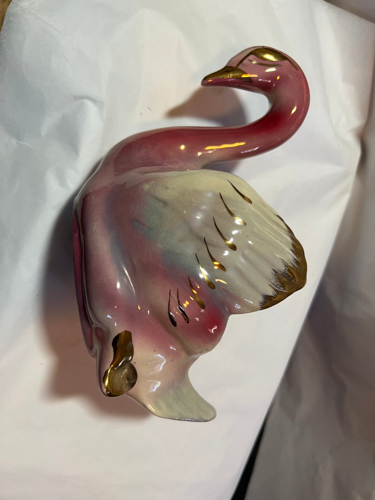 Pink And Gray Swan Bird Planter With Gold Accents And Pearl Glaze Vintage 1963