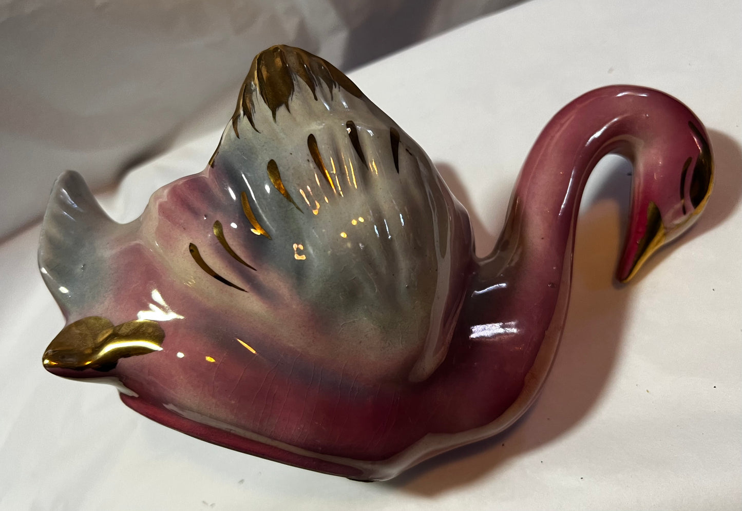 Pink And Gray Swan Bird Planter With Gold Accents And Pearl Glaze Vintage 1963
