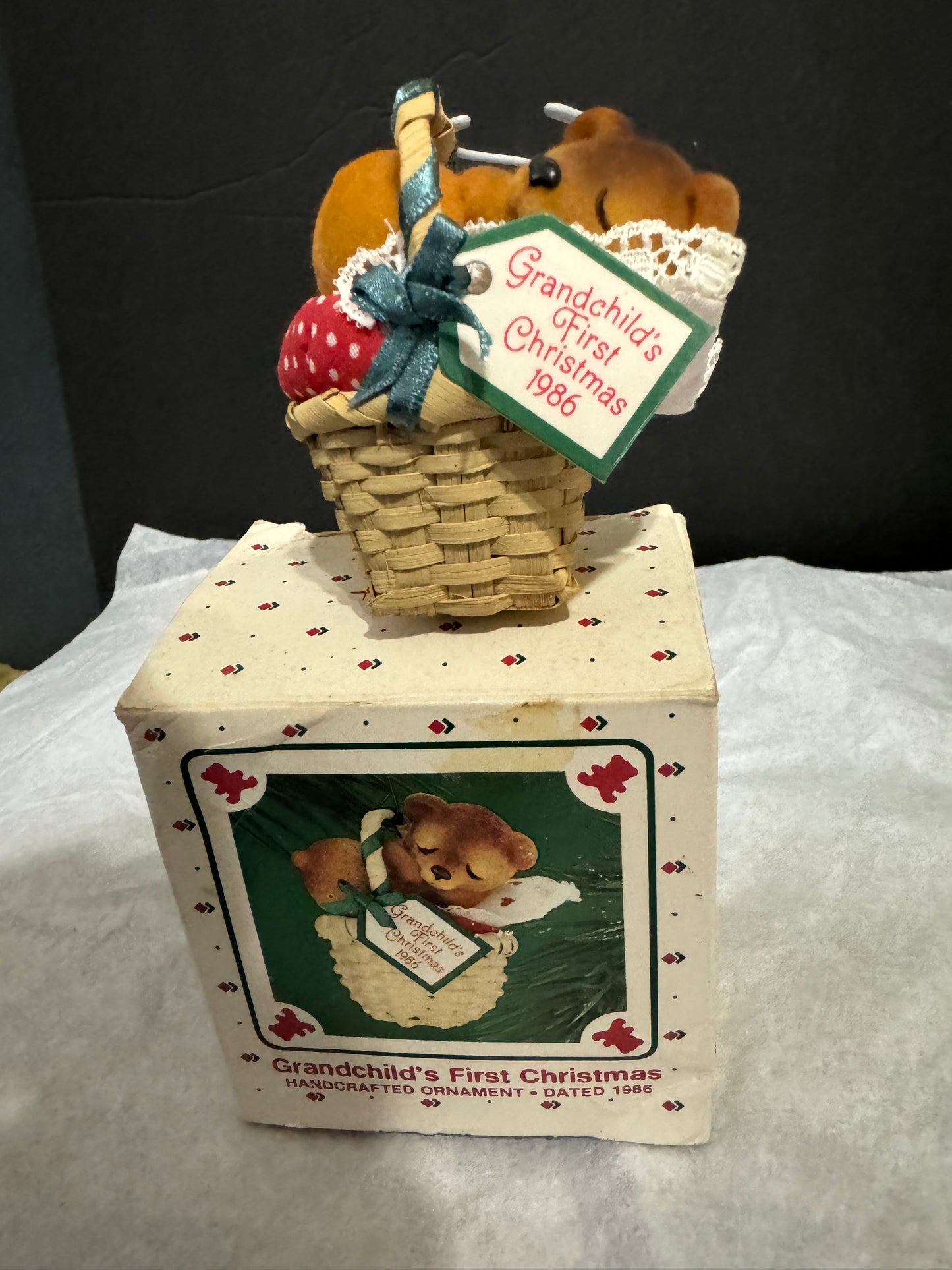 Grandchild's First Christmas 1986 - Hallmark Ornament - Teddy Bear in a Basket