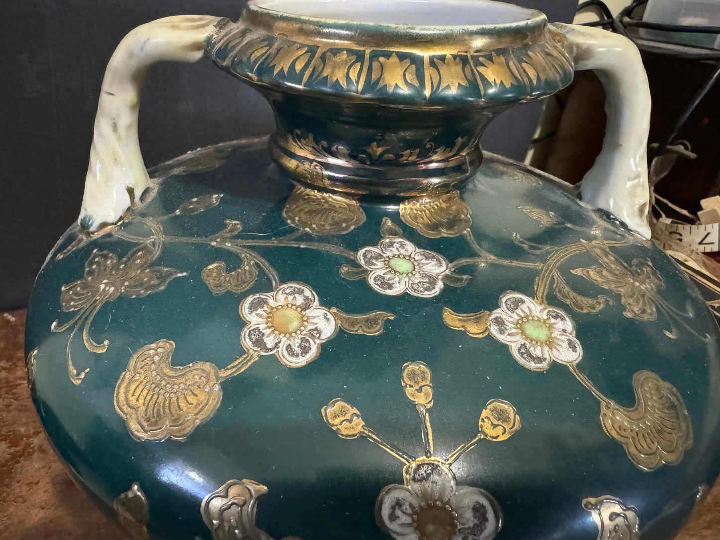 Porcelain Double Handled Rose and Cherry Blossoms Vase Japanese Nippoon Vintage