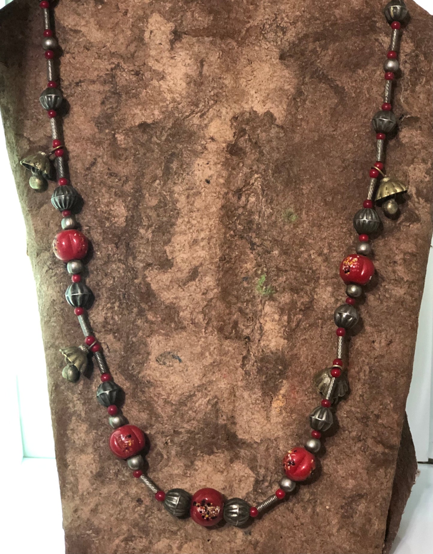 Unique Vintage Coral Beads, Silver and Brace Necklace