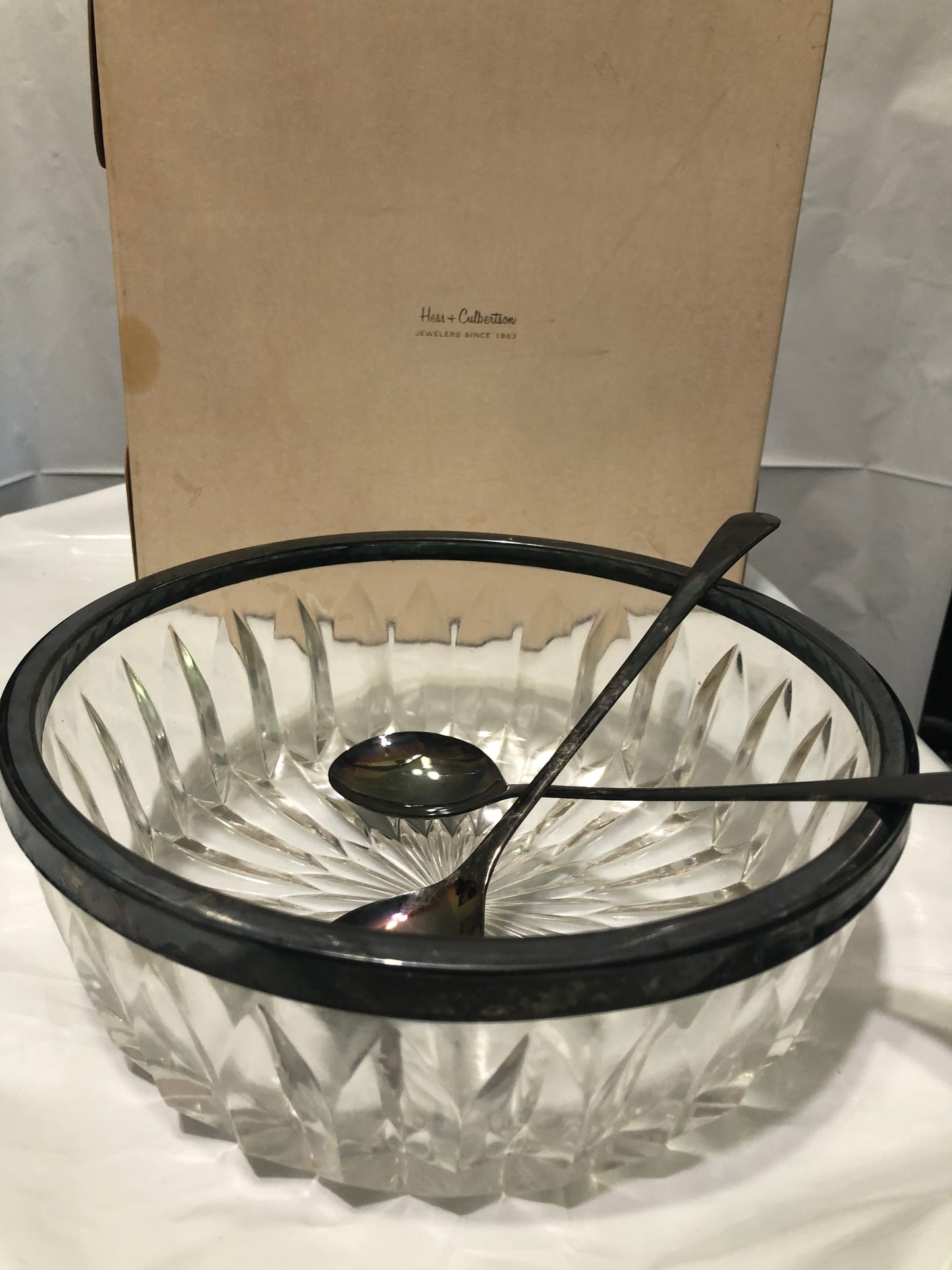 Silver Band Glass Salad Bowl, Spoon & Fork Servers Set, Italy Vintage