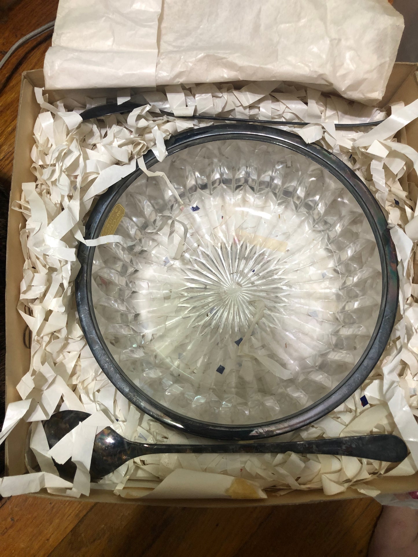 Silver Band Glass Salad Bowl, Spoon & Fork Servers Set, Italy Vintage