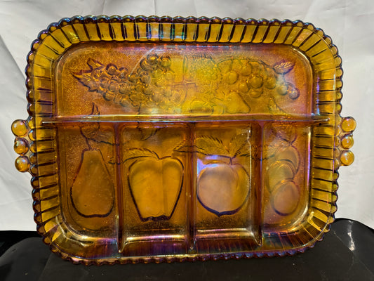 Indiana/Carnival Glass Amber Divided Dish Fruit Embossed VINTAGE