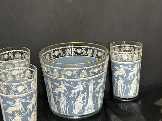 Blue Corinthian Jeanette (3) 5" Glasses & Ice Bucket