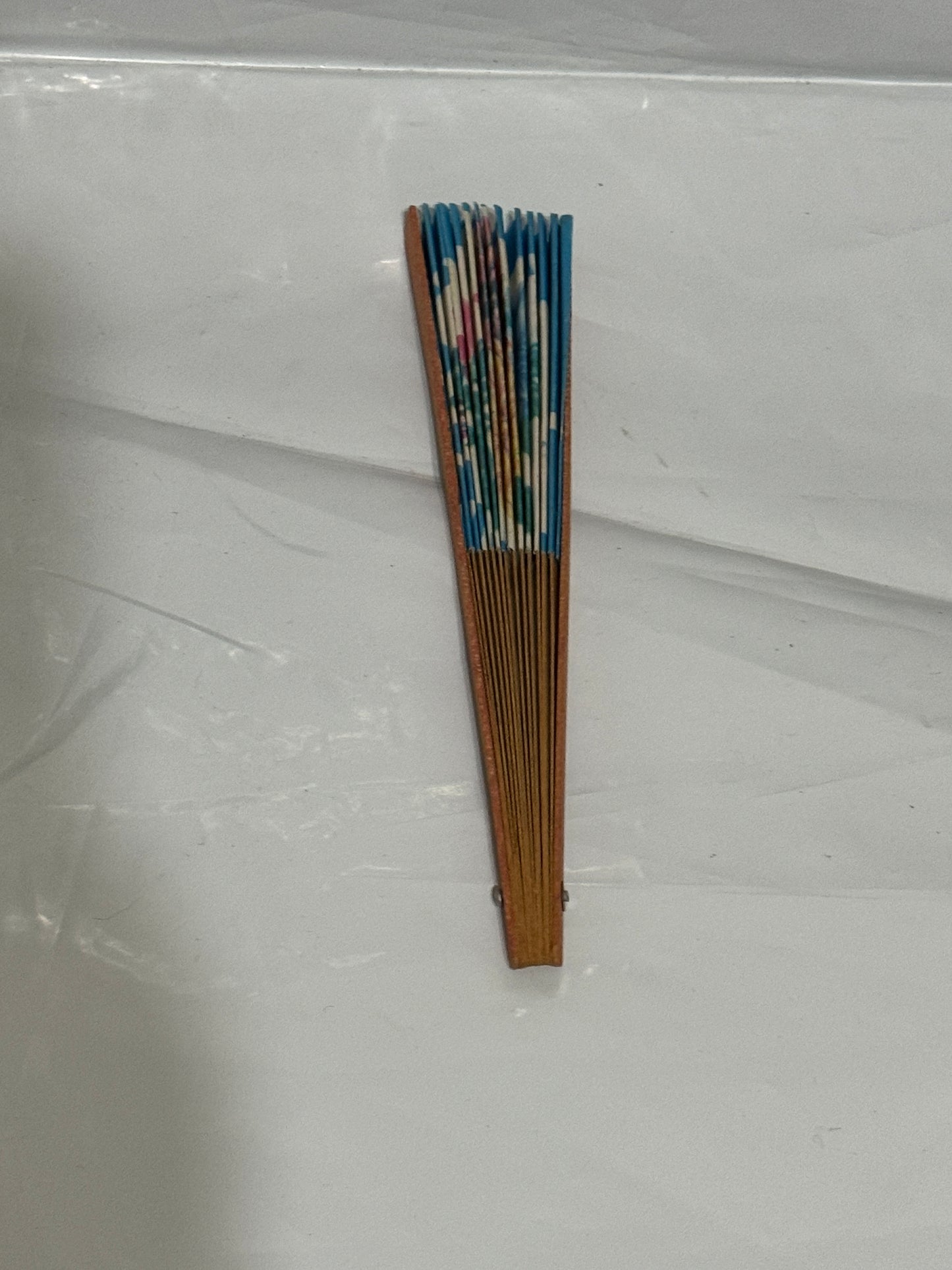 Bamboo Blue Paper Fan with Painted Flowers - Vintage