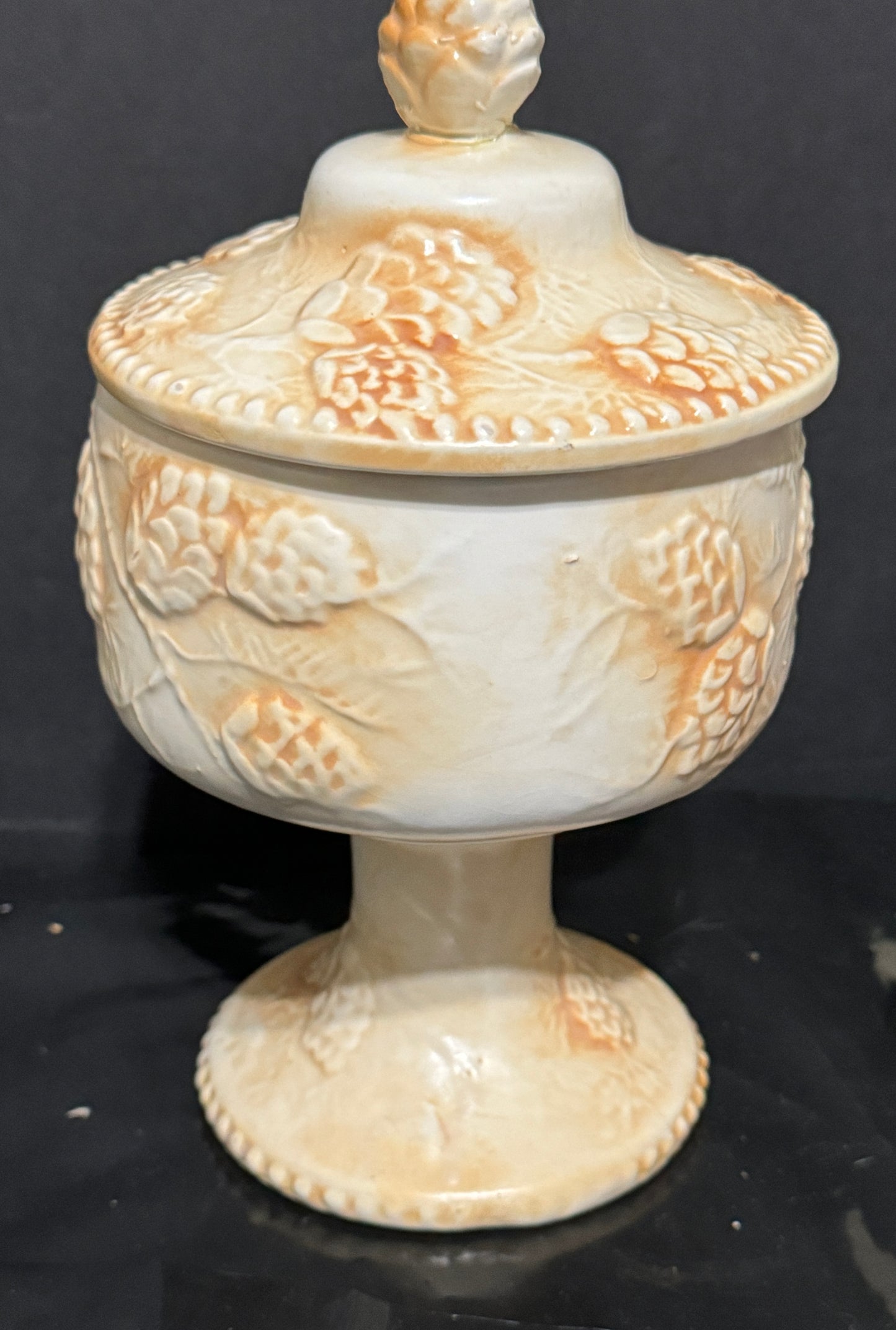 Pitcher & Compote Bowl w/Lid Embossed Grape Vine Beige Vintage