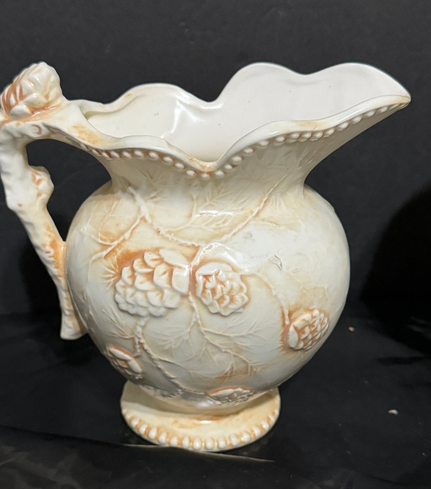 Pitcher & Compote Bowl w/Lid Embossed Grape Vine Beige Vintage