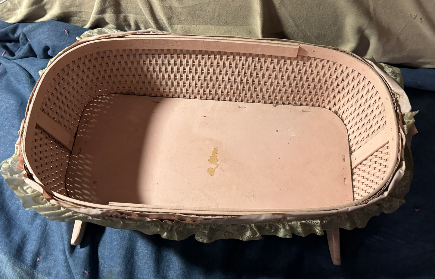 Baby Doll Bassinet Wicker Pink with Ruffles  Vintage