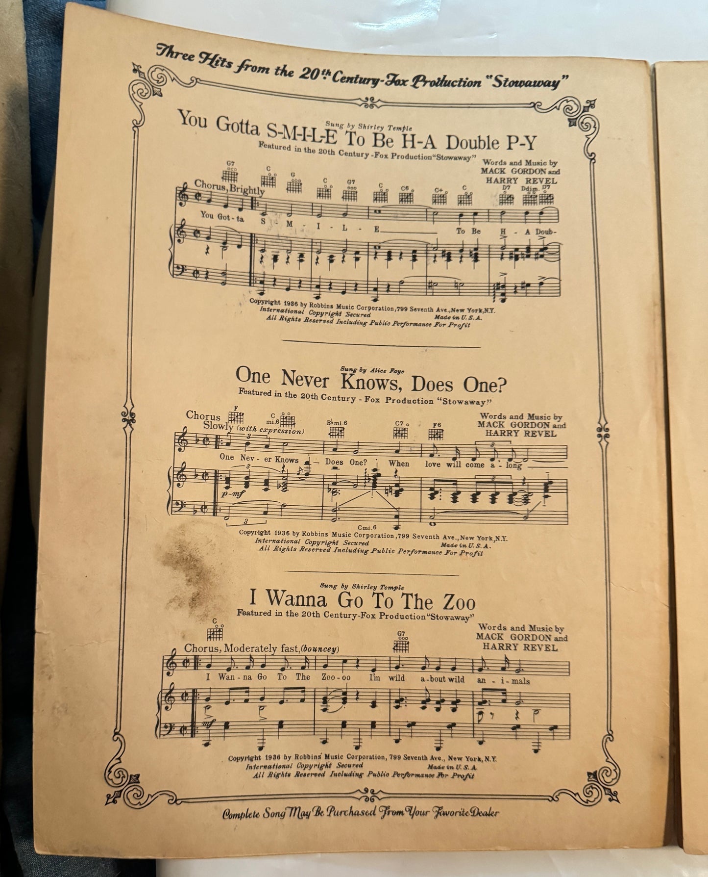 Goodnight My Love Sheet Music 1936 Soundtrack Stowaway Shirley Temple        F1W