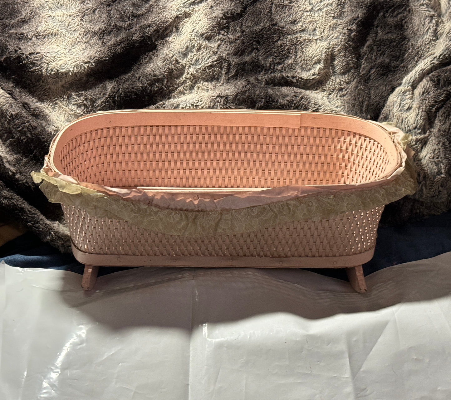 Baby Doll Bassinet Wicker Pink with Ruffles  Vintage