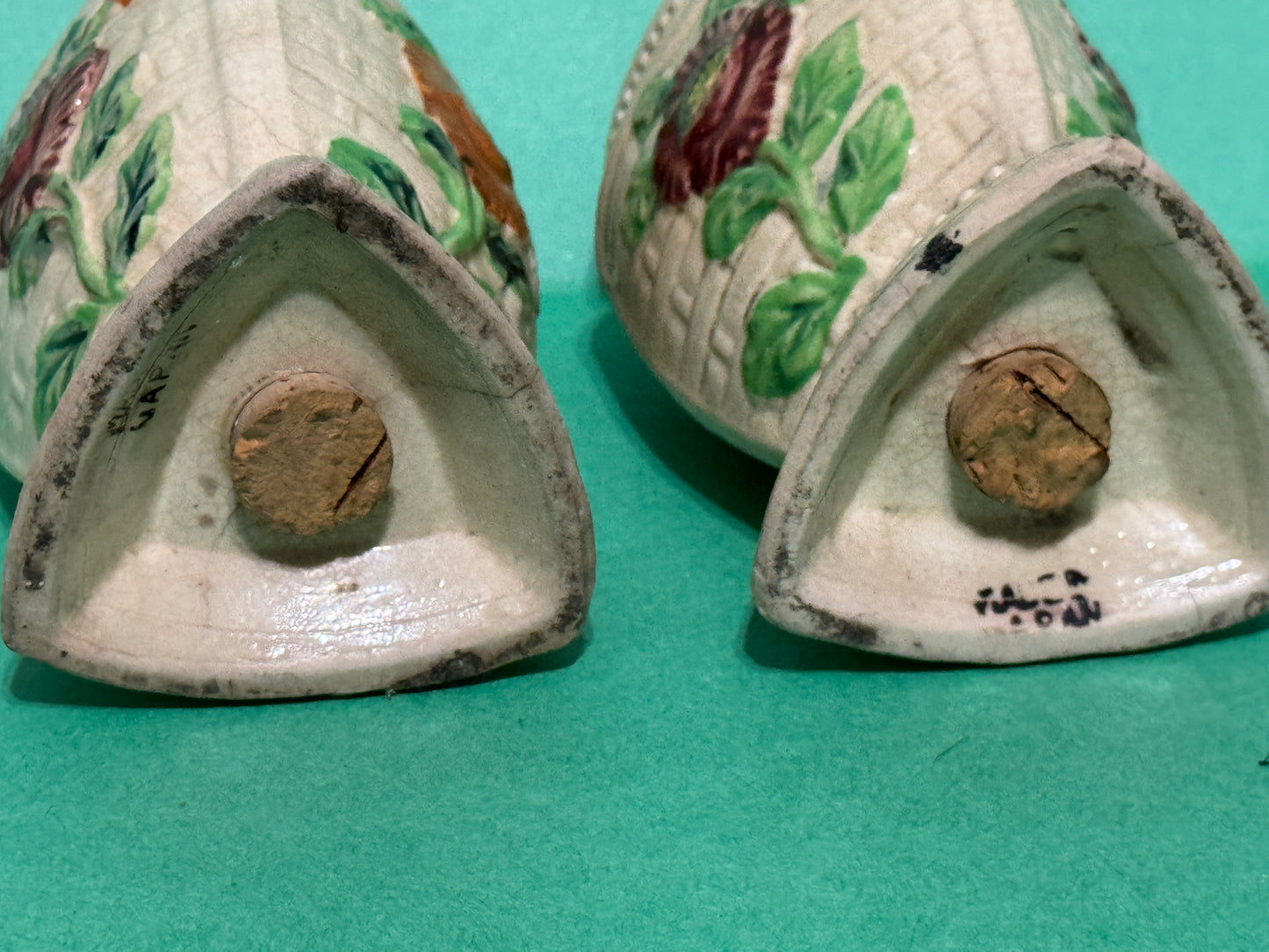 Triangular Floral Salt N Pepper Shakers Hand Painted - Vintage