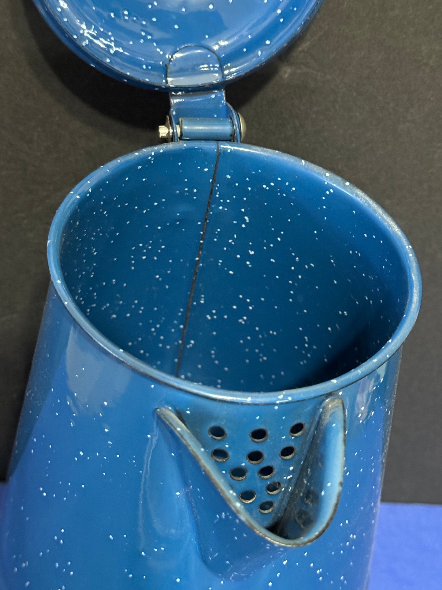 Enamelware Coffee Pot Blue Speckled Metal Hinged Lid - VINTAGE